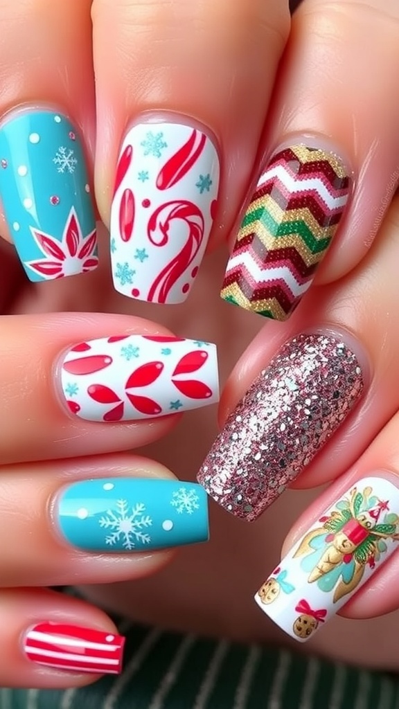 90s Inspired Christmas Nail Art Colorful 90s inspired Christmas nail art with candy canes, snowflakes, and glitter.